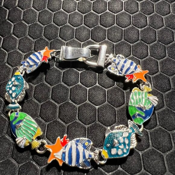 Fish Bracelet Multicolored 18K White Gold Plated - Picture 1 of 2